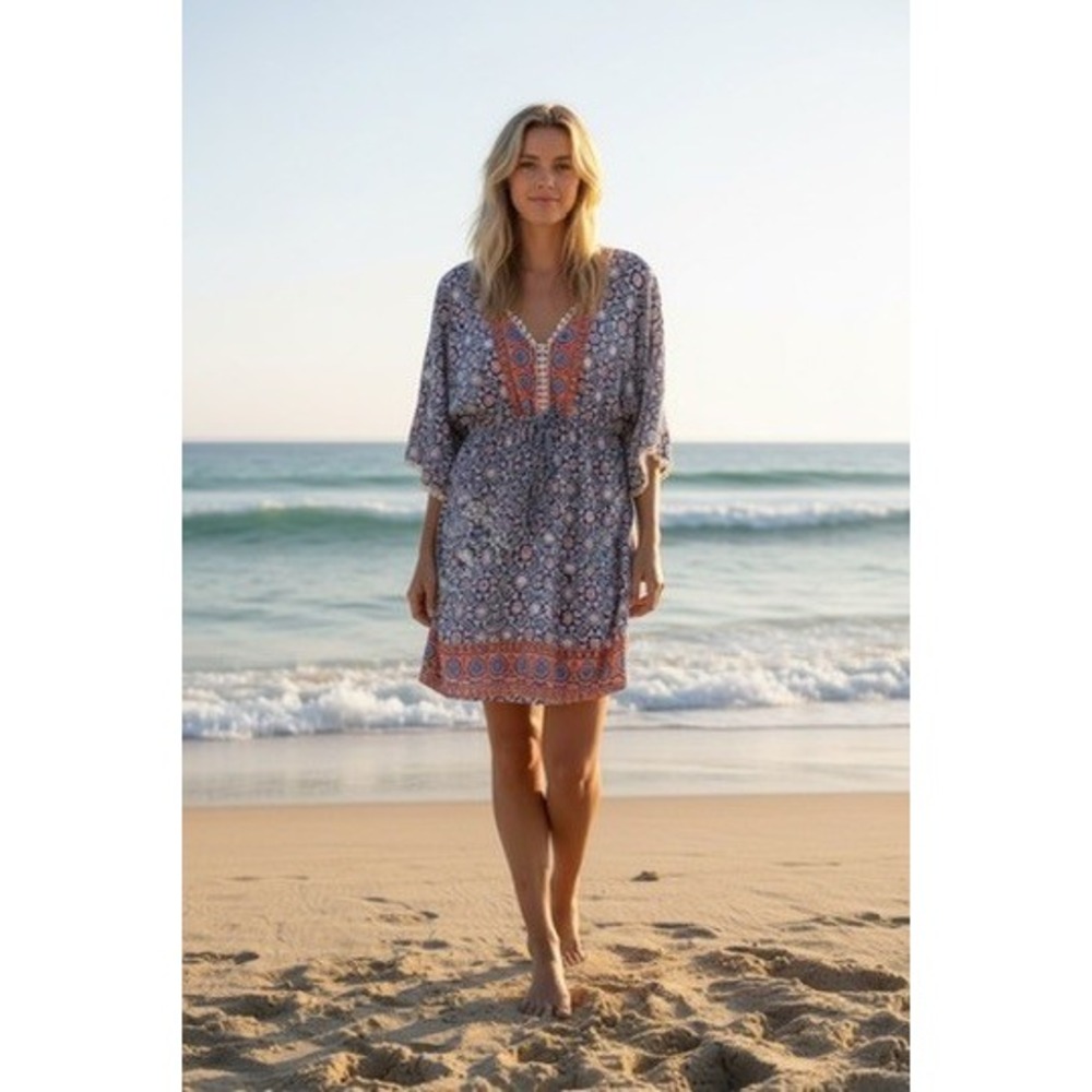 Passager Boho Beach Cover Up Dress EU 40 M Medallion Print Pom Trim
